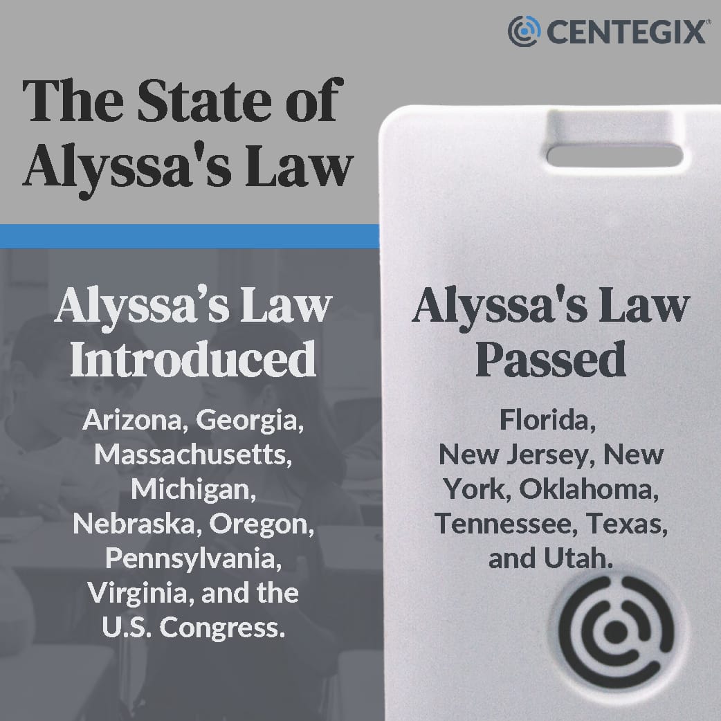 A graphic showing the states in the U.S. that have introduced Alyssa's Law legislation and states that have passed it.